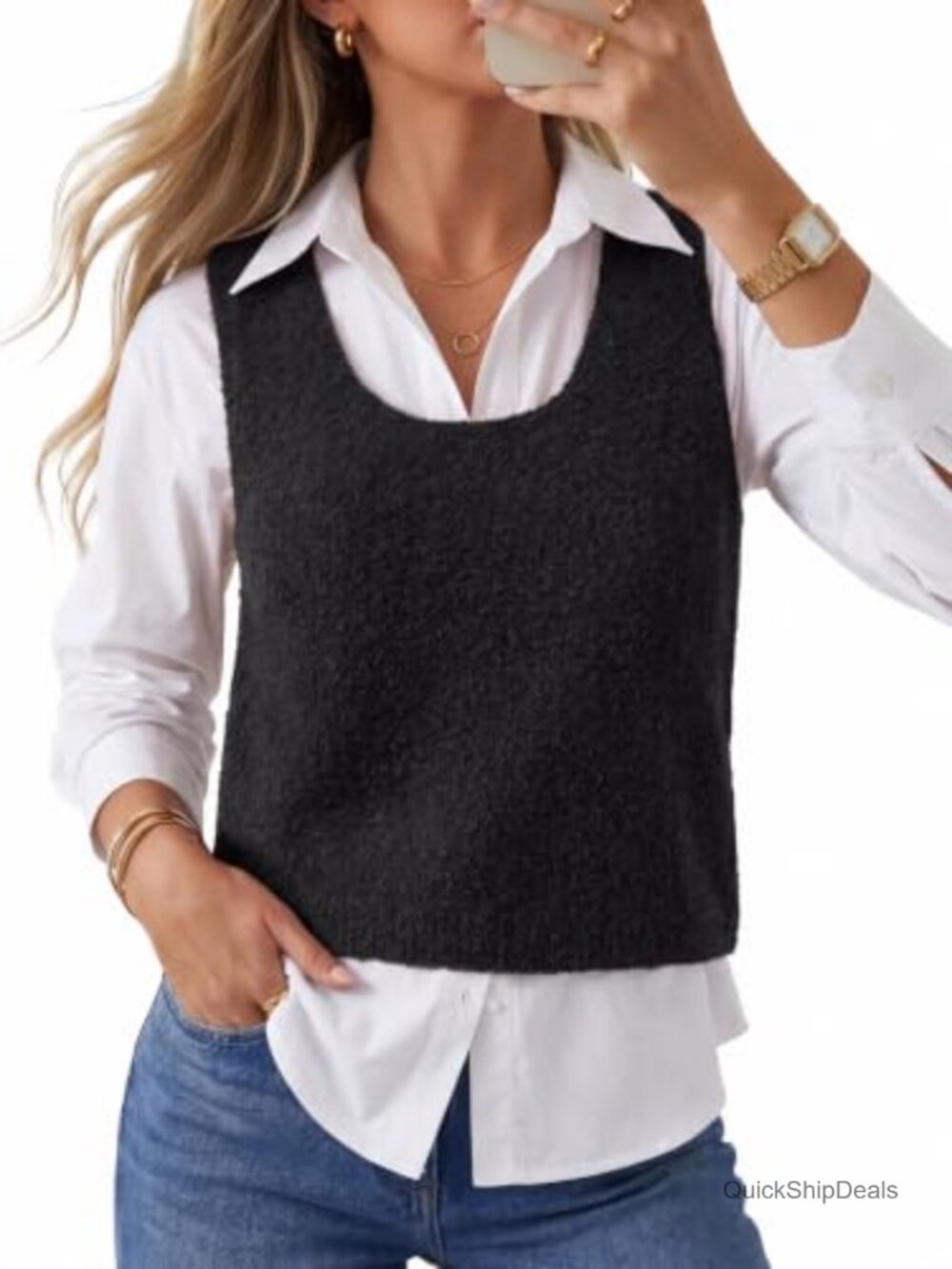 Wool Blend Cropped Bouclé Sweater Vest Scoop Neck Work Layer